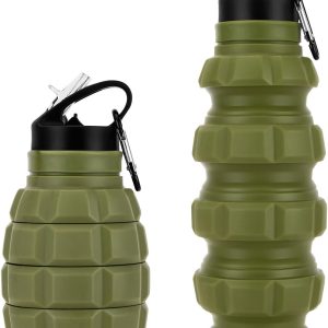 Collapsible Travel Water Bottle 19.6 oz, Reuseable Silicone Foldable Water Bottles for Gym Camping Hiking, Portable Leak Proof Sports Water Bottle with Carabiner (Noble Army Green)