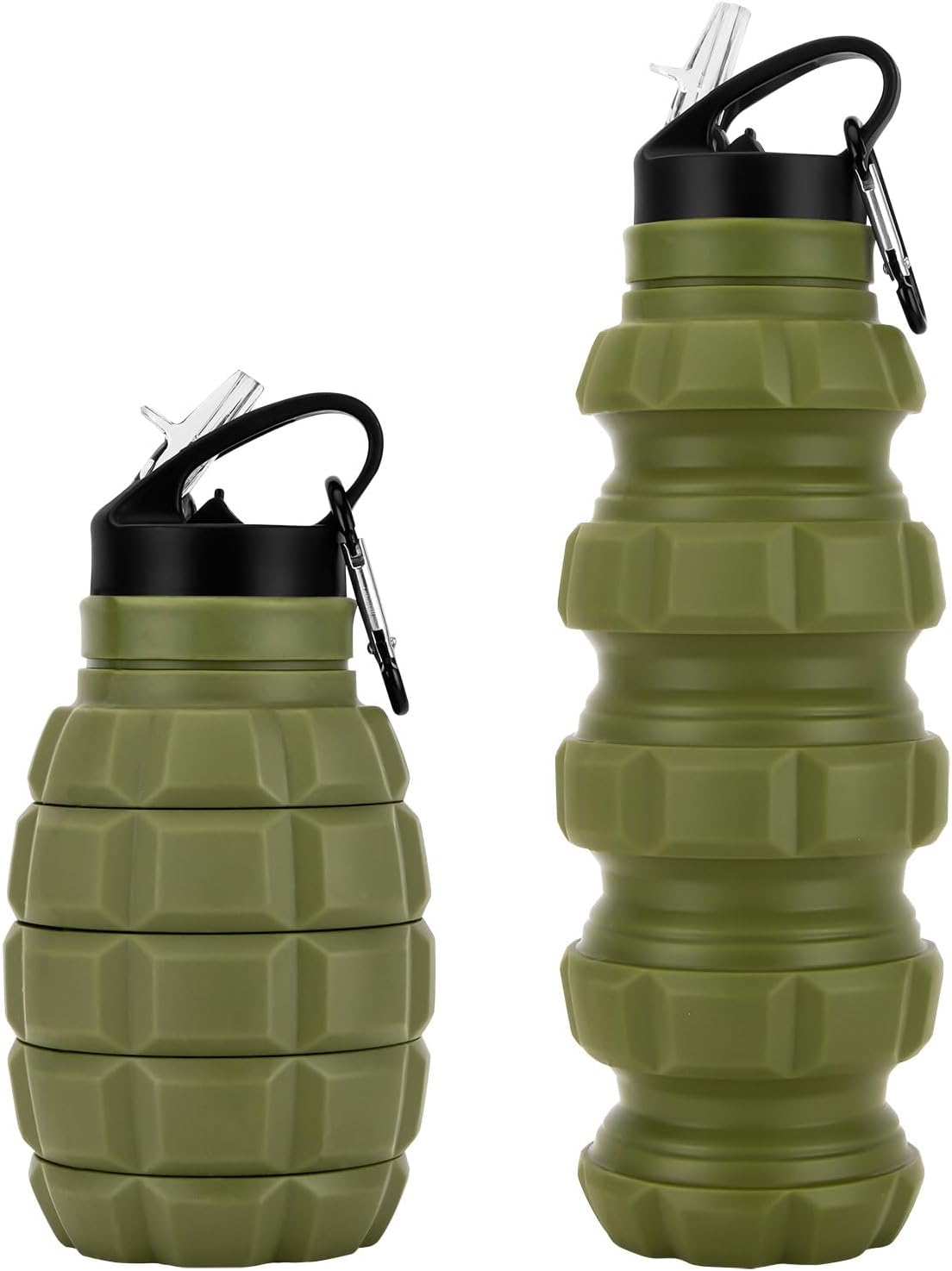 Collapsible Travel Water Bottle 19.6 oz, Reuseable Silicone Foldable Water Bottles for Gym Camping Hiking, Portable Leak Proof Sports Water Bottle with Carabiner (Noble Army Green)
