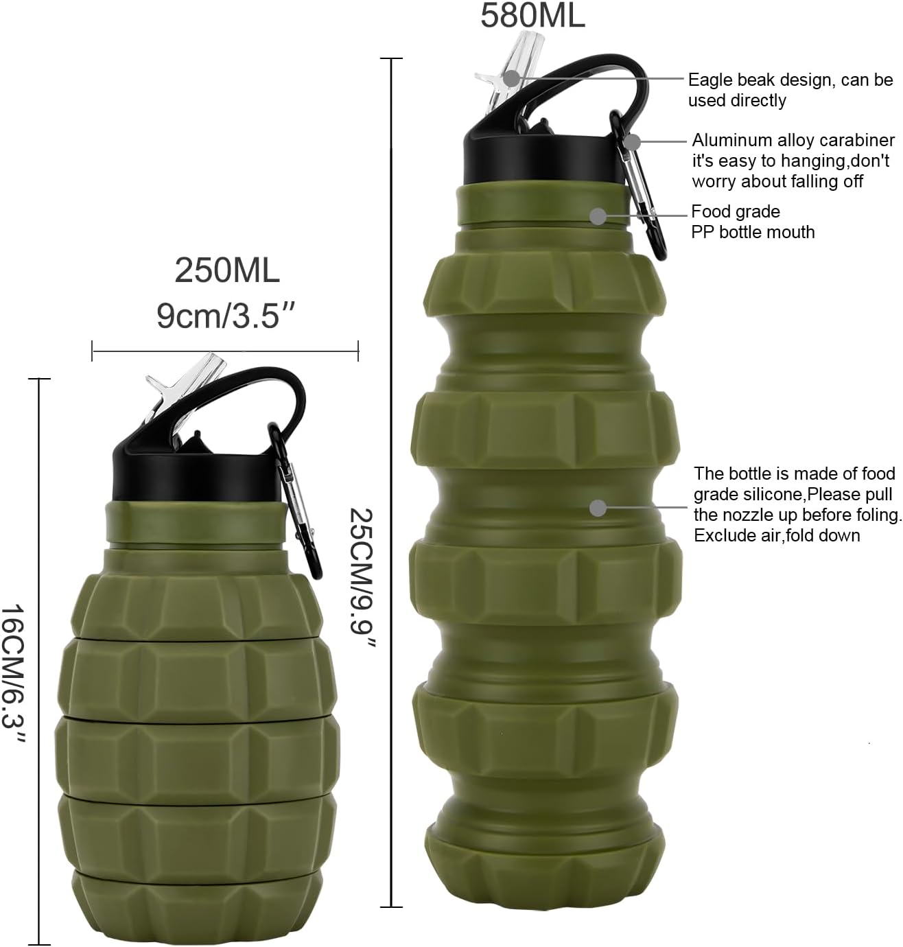 Collapsible Travel Water Bottle 19.6 oz, Reuseable Silicone Foldable Water Bottles for Gym Camping Hiking, Portable Leak Proof Sports Water Bottle with Carabiner (Noble Army Green) - Image 2