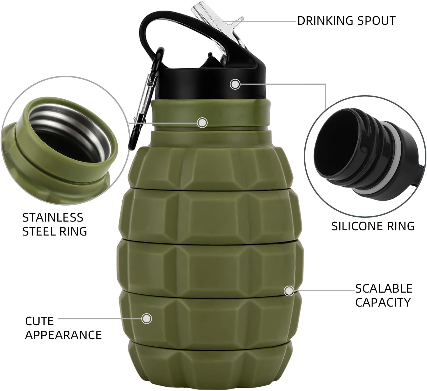 Collapsible Travel Water Bottle 19.6 oz, Reuseable Silicone Foldable Water Bottles for Gym Camping Hiking, Portable Leak Proof Sports Water Bottle with Carabiner (Noble Army Green) - Image 3
