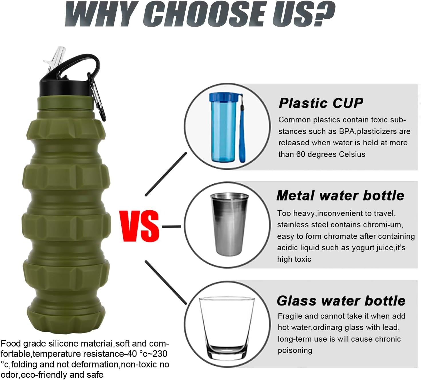 Collapsible Travel Water Bottle 19.6 oz, Reuseable Silicone Foldable Water Bottles for Gym Camping Hiking, Portable Leak Proof Sports Water Bottle with Carabiner (Noble Army Green) - Image 6